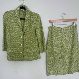 St. John Collection Green Tweed Blazer and Skirt Set